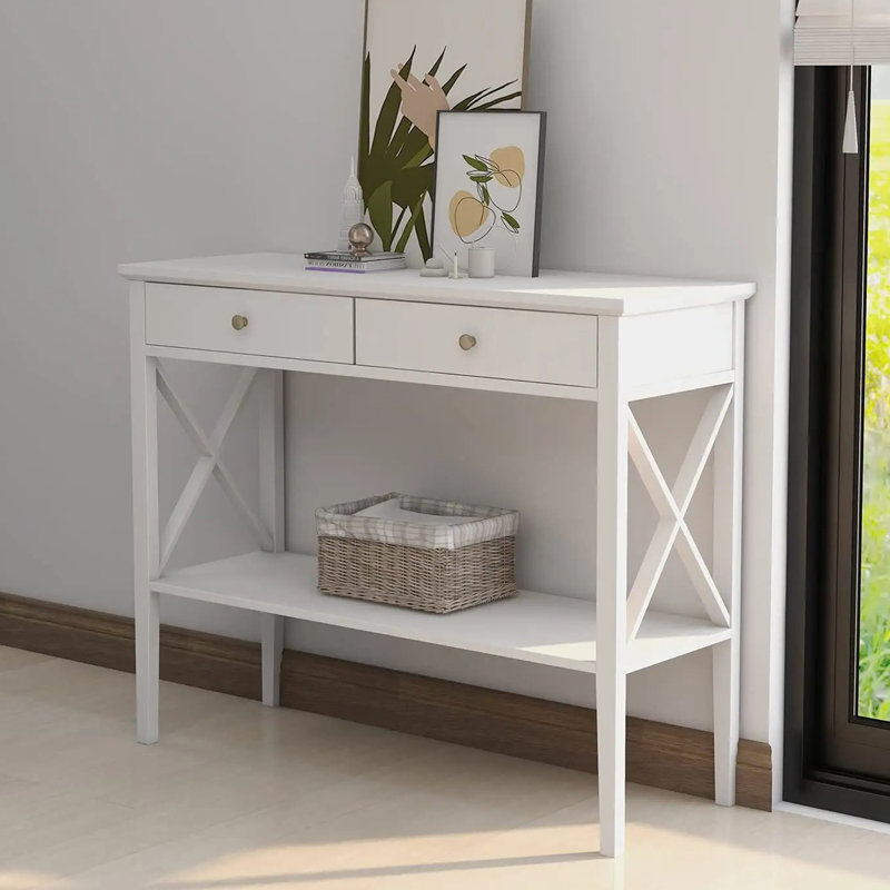 39.4" W Console Table with 2 Drawers and Storage Shelf, White