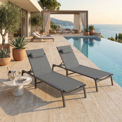 Chaise longue d'extérieur entièrement assemblée en aluminium Ajoku 2 PCS avec dossier réglable à 5 positions et coussin