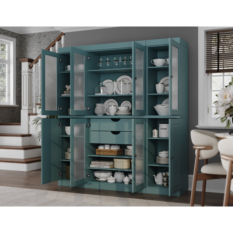 Vaisselier 100% bois massif 65 "avec portes en verre givré massif, 2 tiroirs et tablettes réglables, Bleu aqua