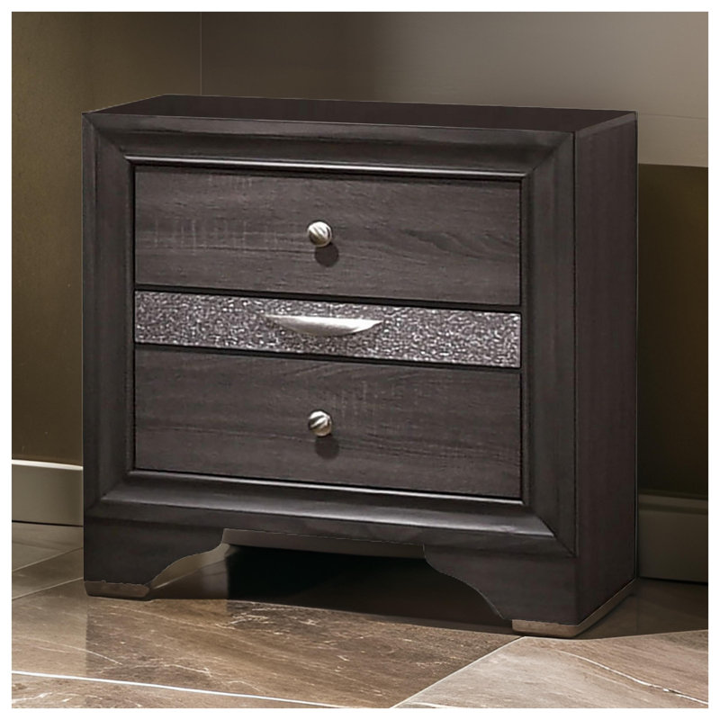 Gray Contemporary Nightstand with 2 Storage Drawers and Built-In Jewelry Tray