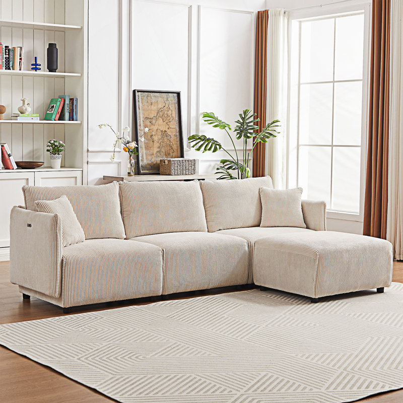 Canapé combiné de style minimaliste moderne avec 2 coussins de confort avec ports de charge USB et C, Tissu beige