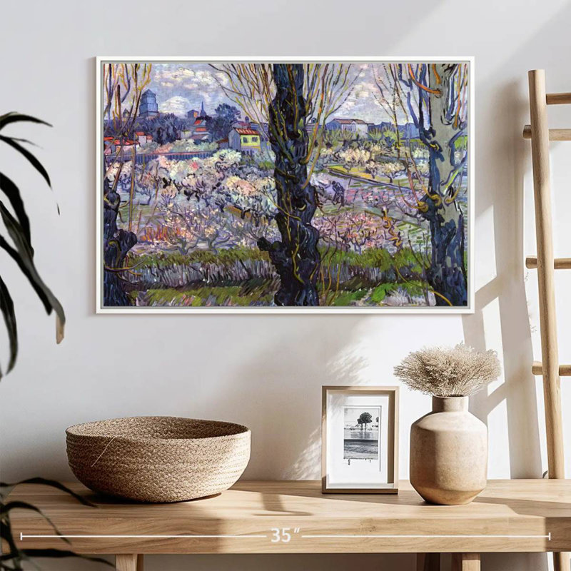 Vue des vergers en fleurs d'Arles, Cadre flottant blanc, 25 po x 17 po