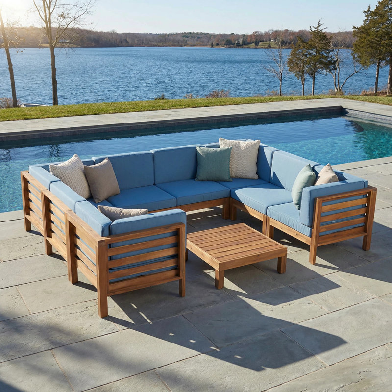 Acacia 8 - Person Modular Patio Conversation Set with Cushions, Brown Frame/Blue Cushion
