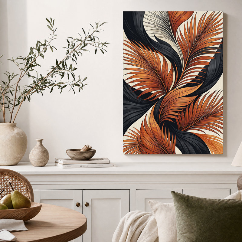 Toile murale représentant des palmes tourbillonnantes orange brûlé et noires, 40"H x 28"W
