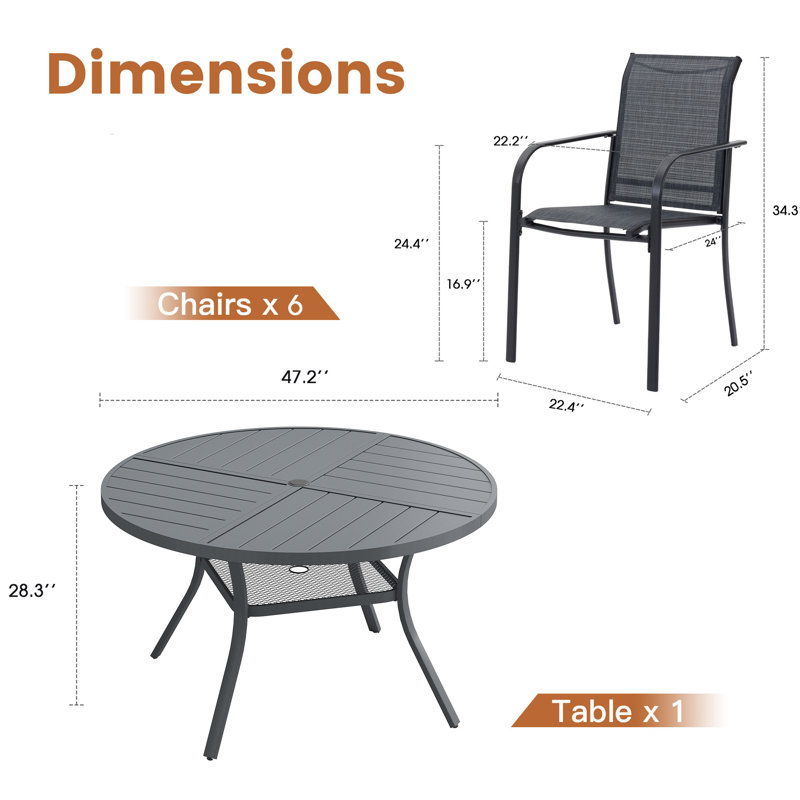 Ensemble repas d'extérieur pour patio - table ronde de 47 po avec trou pour parasol et 6 chaises empilables