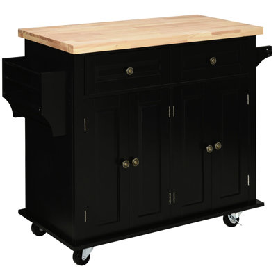 Rolling Kitchen Workstation In Black, Includes Rubberwood Countertop, Spice Rack, Towel Rack And Drawer Storage