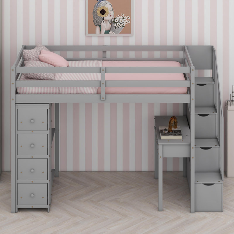Lit mezzanine avec tiroirs de rangement, Gris