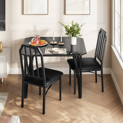 Dining Table Set for 2 with Chairs, Small Kitchen Dining Room Furniture Set, Ultra Comfortable PU Cushion, Sturdy Metal Frame, Space-Saving Design, Black Glass