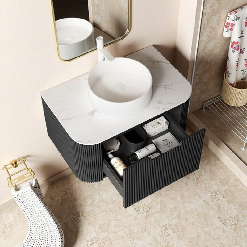 Meuble-lavabo mural 30 po avec lavabo en céramique: meuble de rangement mural pour salle de bain moderne, bords arrondis, tiroir à fermeture en douceur, conception pré-assemblée
