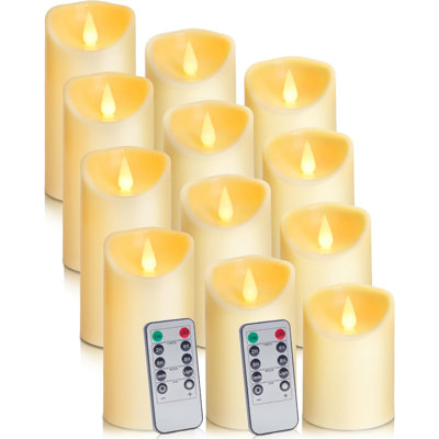 LED Battery Operated Candles -D3” x H4“ 5” 6” 12 Pack Remote Control Timer Pillar Candle Flameless Realistic Flickering Large Plastic LED Candle Electric Fake Artificial Church Candle Ivory