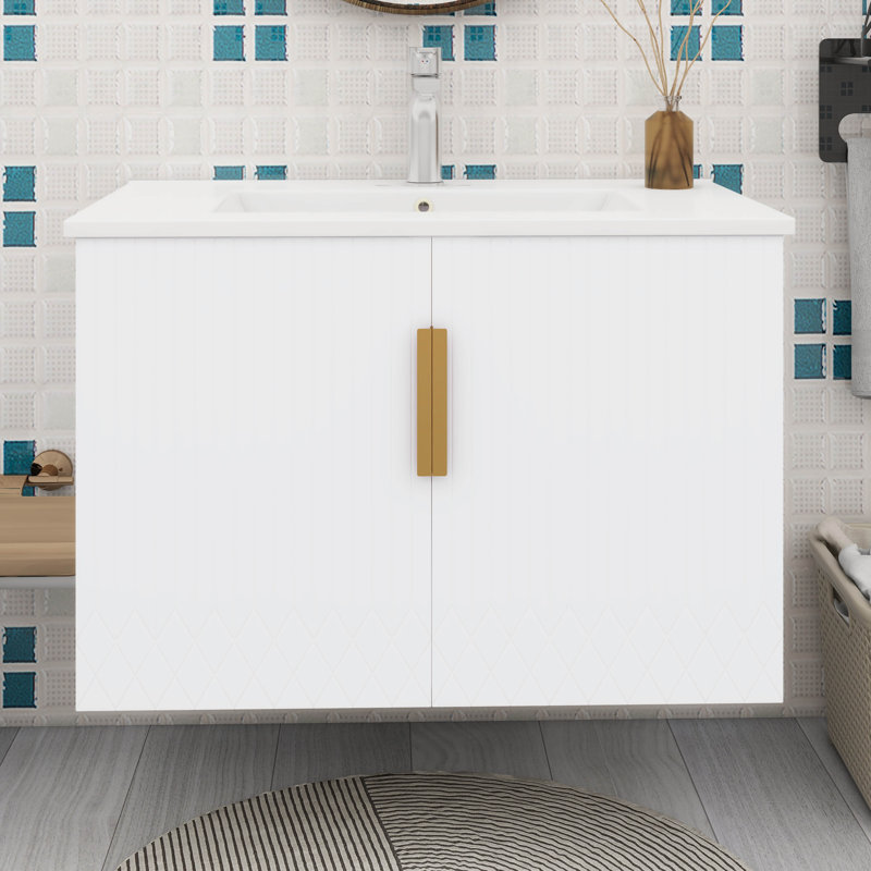 Meuble-lavabo mural 30 po avec évier, meuble-lavabo mural flottant moderne avec tablette réglable, Blanc