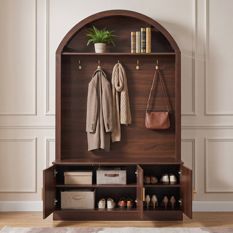 Arched Hall Tree With Fluted Storage Bench, Walnut