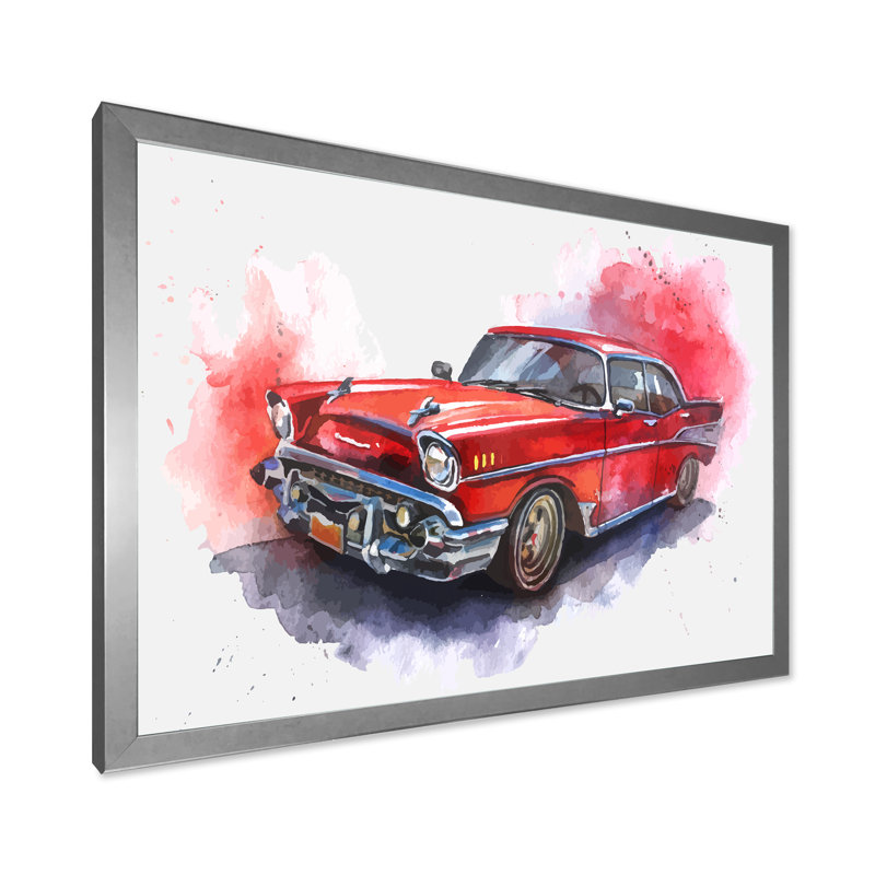 Voiture rouge à l'ancienne - peinture sur toile, H 16 po x l 32 po x P 1 po, Cadre de coin argenté fermé