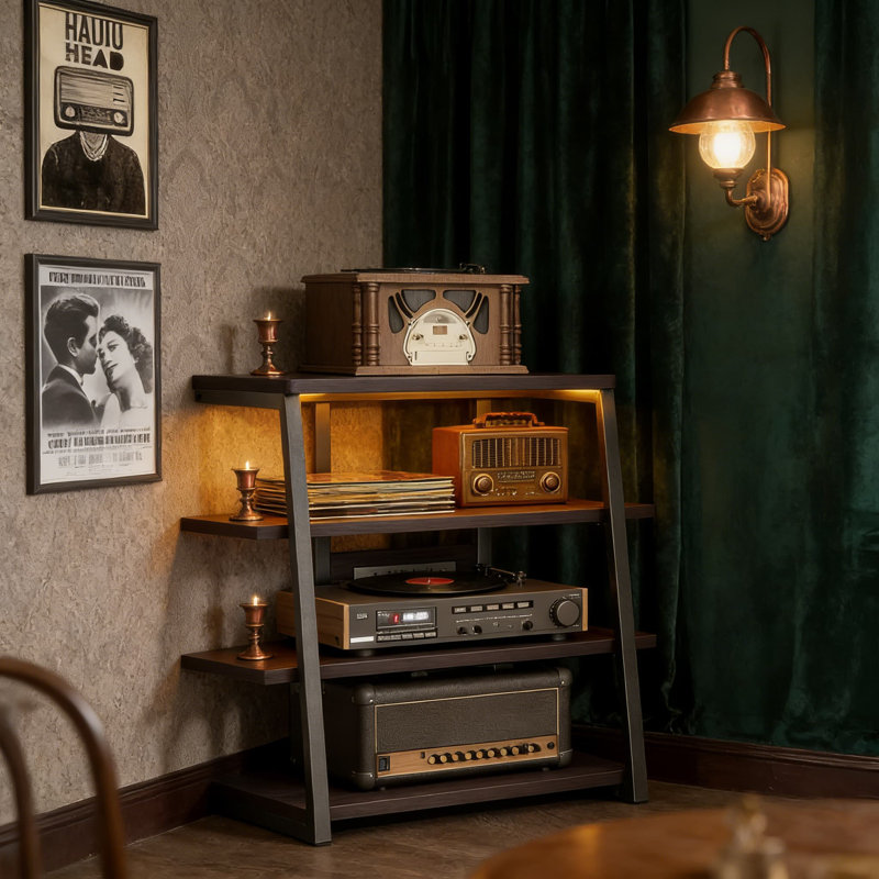 Console multimédia avec multiprise intégrée et lumières DEL, tour audio réglable avec tablettes de rangement robustes pour équipement stéréo et platines