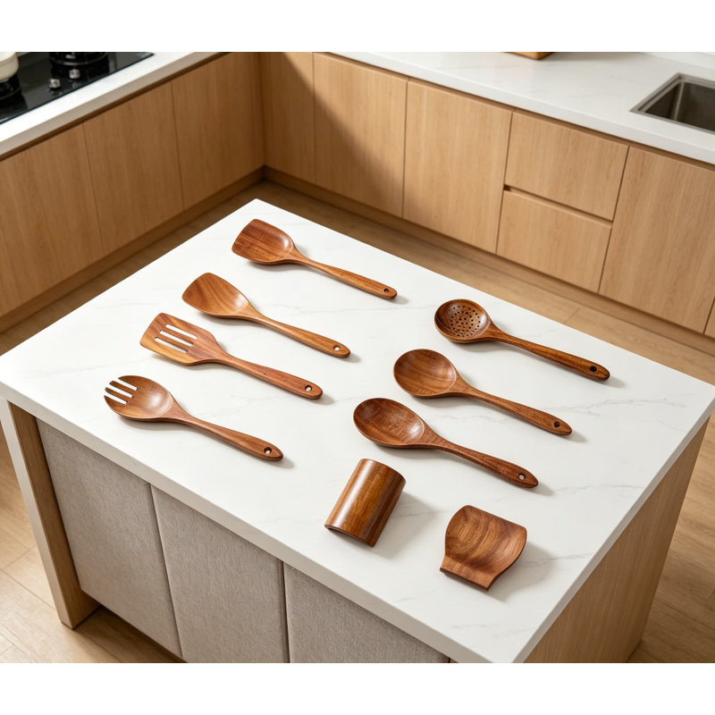 Ensemble d'ustensiles de cuisine en bois de teck 9 pièces avec repose-cuillère et support - Outils de cuisson résistants à la chaleur de qualité supérieure pour batterie de cuisine antiadhésive
