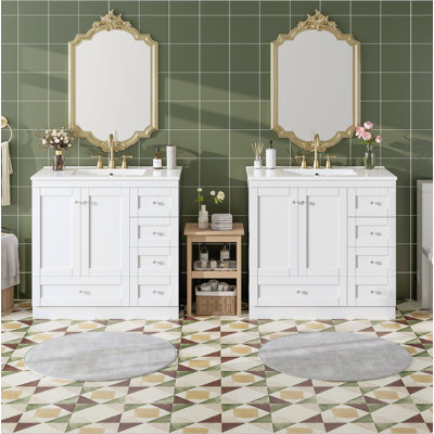 Meuble-lavabo autoportant de 72 po de style Shaker avec lavabo en céramique, tiroirs à fermeture en douceur et portes à fermeture en douceur