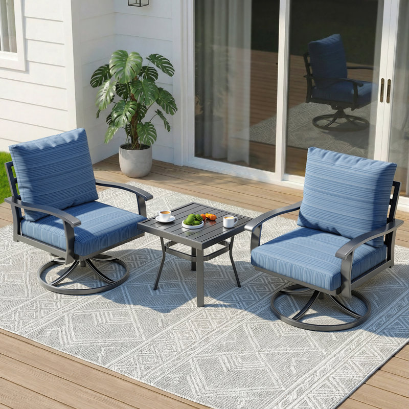 Outdoor Swivel Rocker Patio Chairs With Coffee Table 3 Pcs Bistro Set, Blue