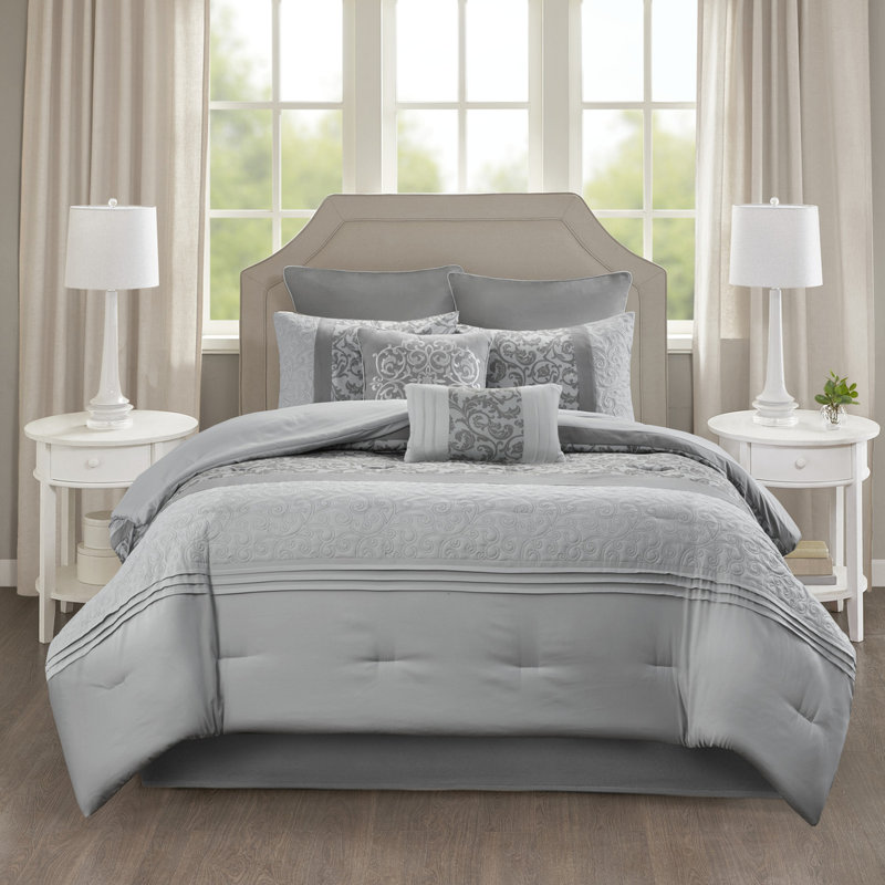 Édredon 8 pièces gris très grand - Style sophistiqué, détails brodés, élégant