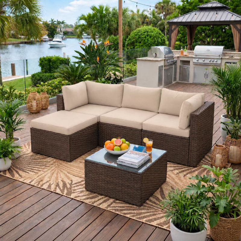 3-piece Outdoor Patio Conversation Set, Pe Rattan Wicker Seating Group With Ottoman & Coffee Table, Khaki
