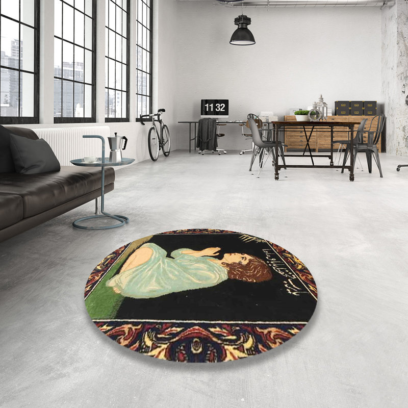 Tapis traditionnel noir / bleu / vert, Rond 5 pi