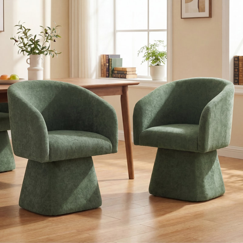 Upholstered Swivel Barrel Dining Chairs, Chenille Accent Chairs, Deep Cushion Seat (Set Of 2), Green