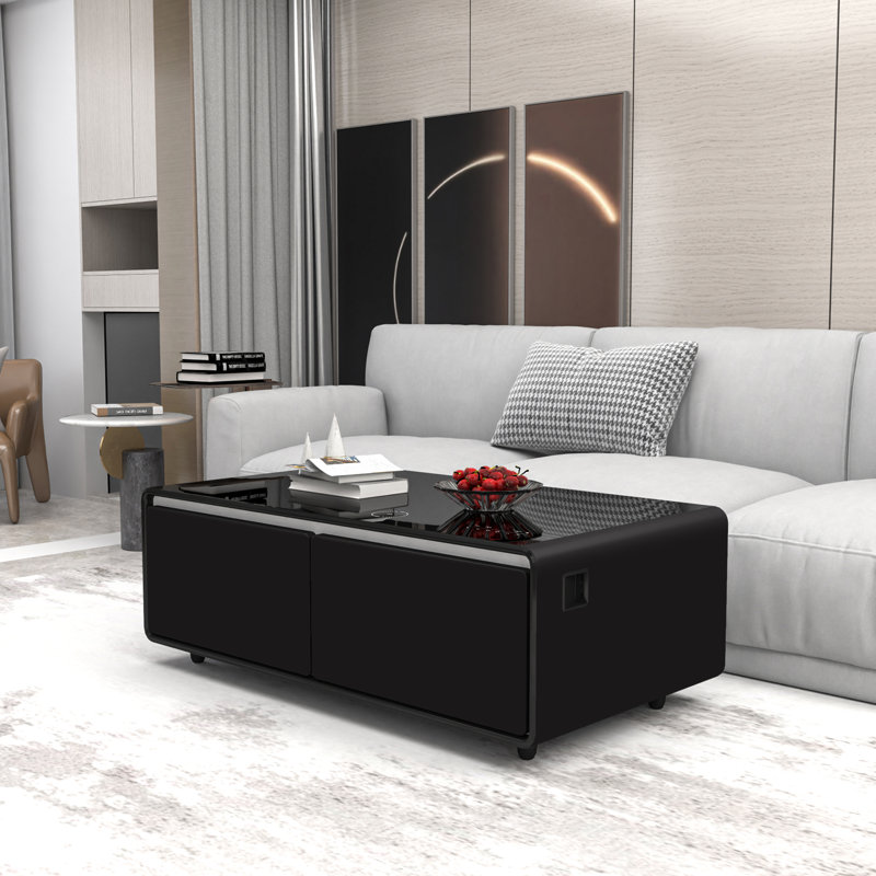 Black High Gloss Smart Coffee Table with Storage and Built-in Fridge