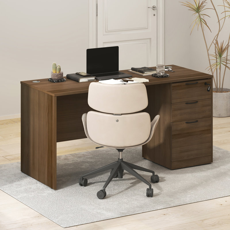 Furinno ROGER 60 Inch Executive Desk with File Cabinet, Home Office Desk with 3-Drawer Fixed Pedestal Filing Cabinet, Desk Cord Grommet, For Home Office, Modern Walnut