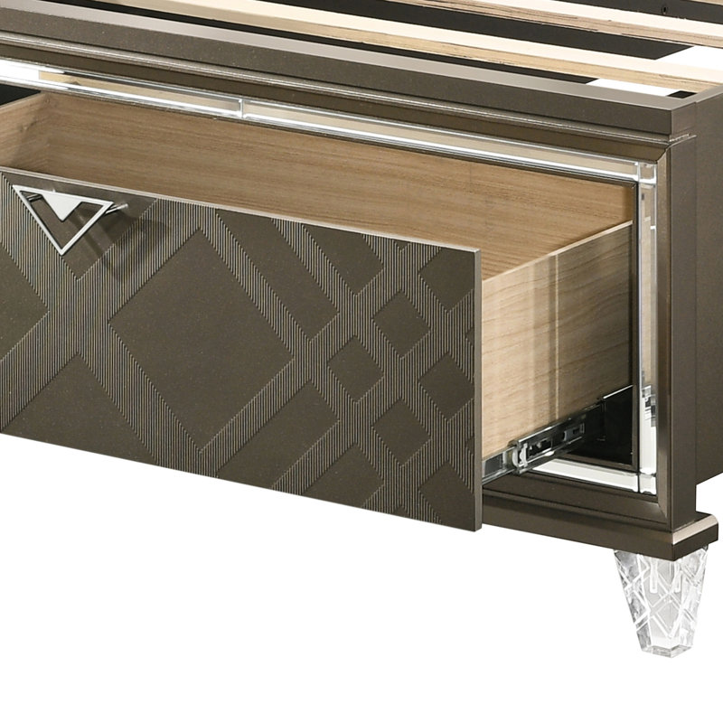 Lit double foncé foncé avec rangement, rangement, DEL, cuir synthétique scintillant