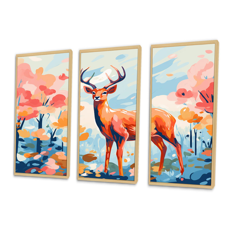 Art floral mural, cerf et rose II, Cadre flottant brun, H 28 po x l 36 po