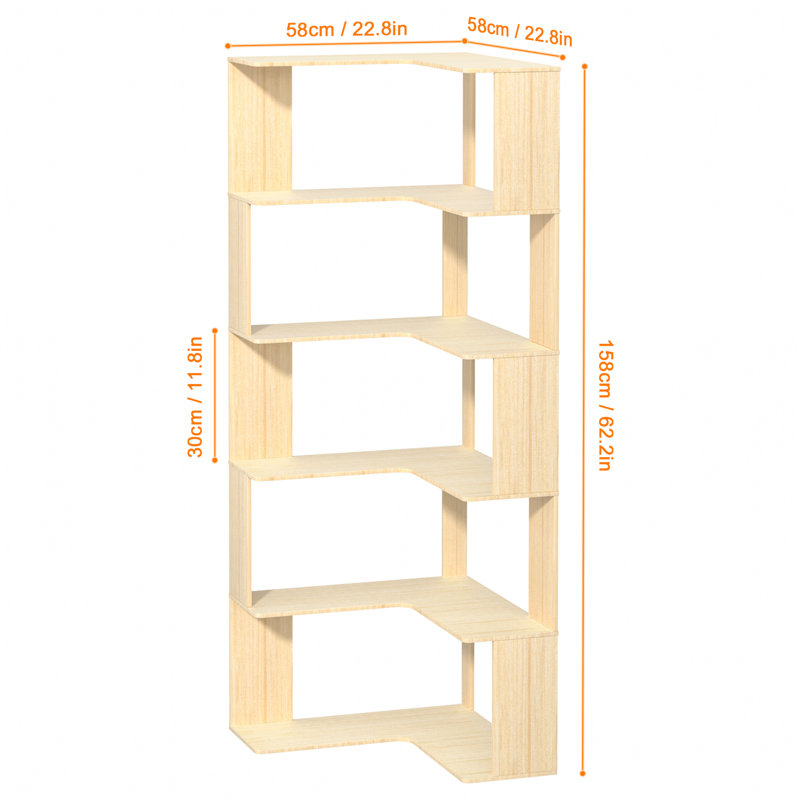 5 Tiers Corner Bookshelf, L Shaped Bookcase with Anti-Drop Panel, Wood Grain Book Shelf, Freestanding Book Storage Organizer for Home Office