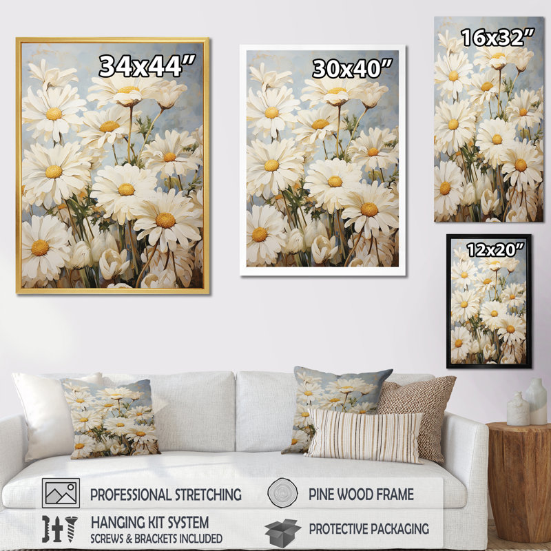 «White Daisy Fields Elegance I», reproduction sur toile, Toile tendue, H 32 po x l 16 po x P 1 po