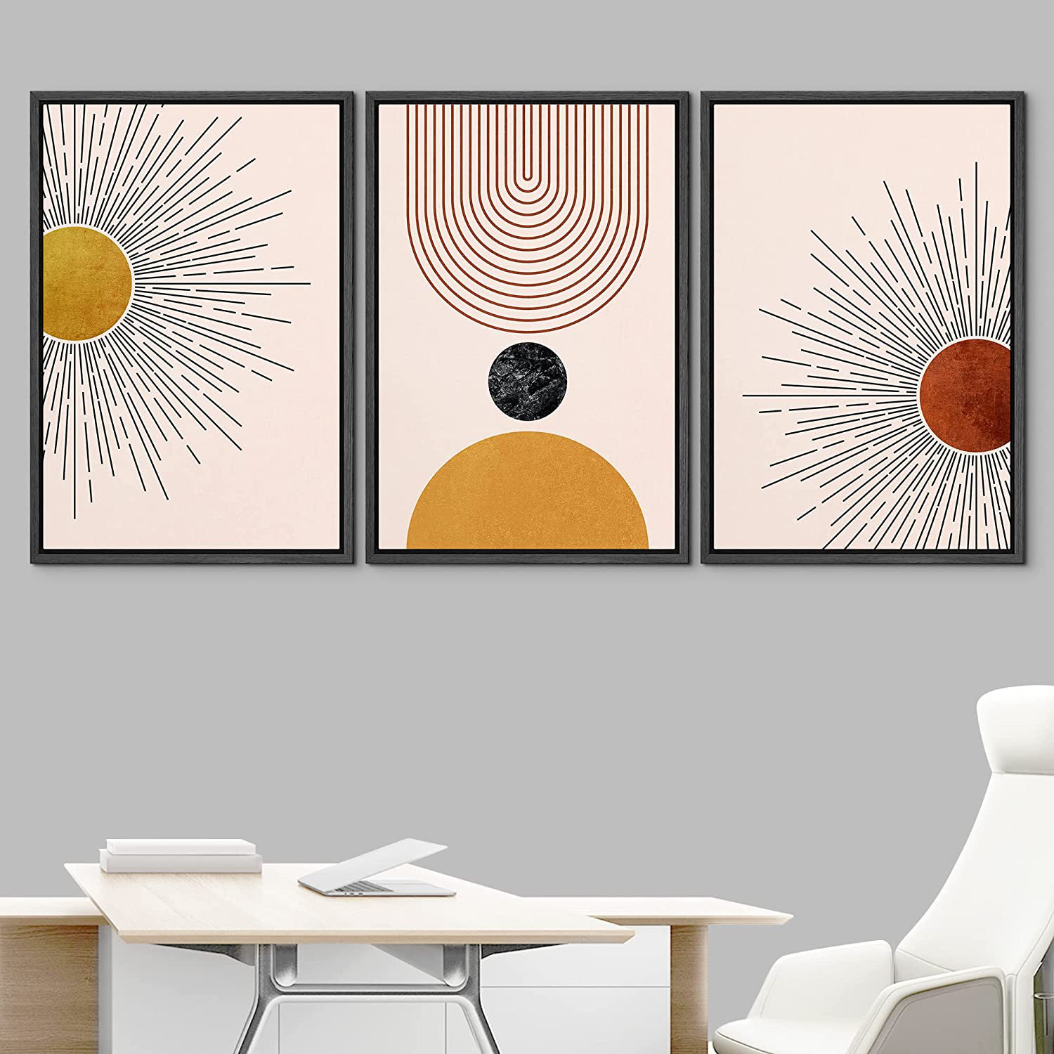 Mid-Century Modern Geometric Solar Abstract Sunrays Planets Boho Wall Art  Framed On Canvas 3 Pieces Print