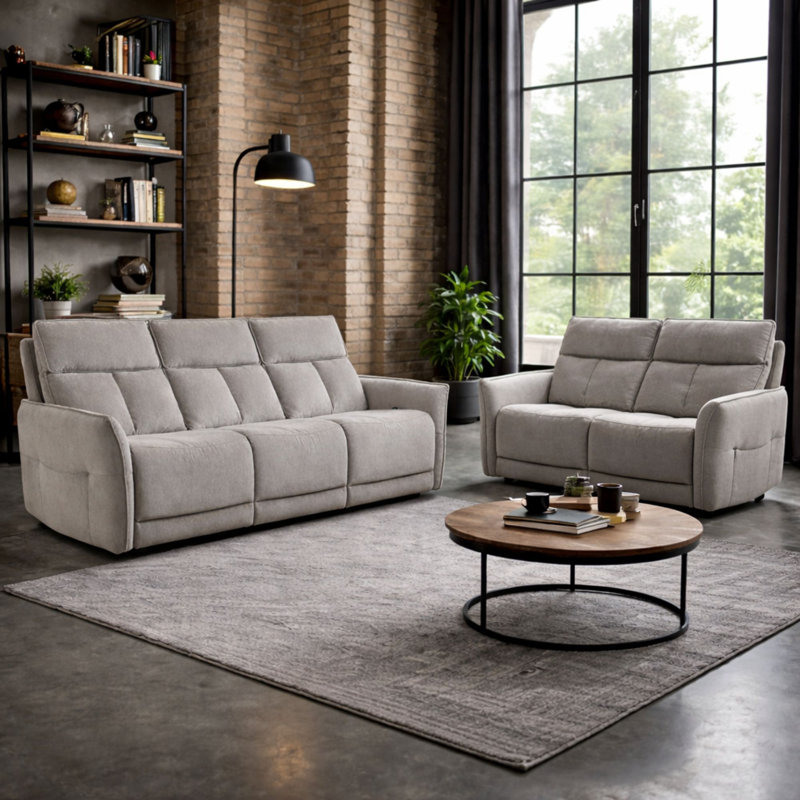 Almita Fabric Upholstered Power Recliner 3 + 2 Sofa Set with USB Charging, Fawn