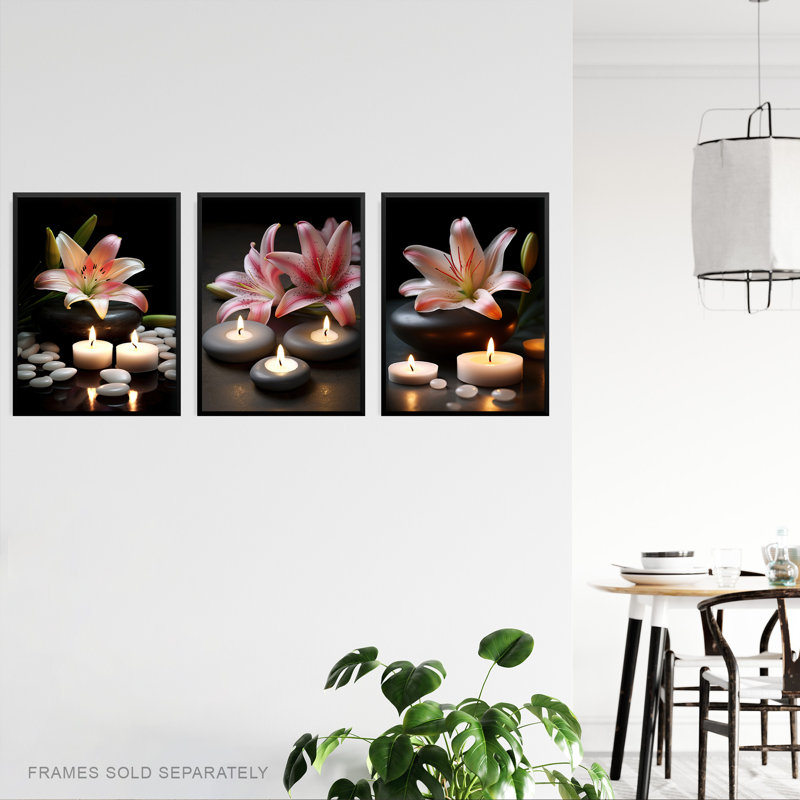 Lilies Zen Stones Candles Tranquil Spa Atmosphere Bathroom - 3 Piece No Frame Print Set, 40.5cm H x 30.5cm W x 0.3cm D