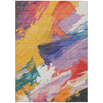 3' X 5' Gold Purple And Teal Blue Abstract Washable Indoor Outdoor Area Rug