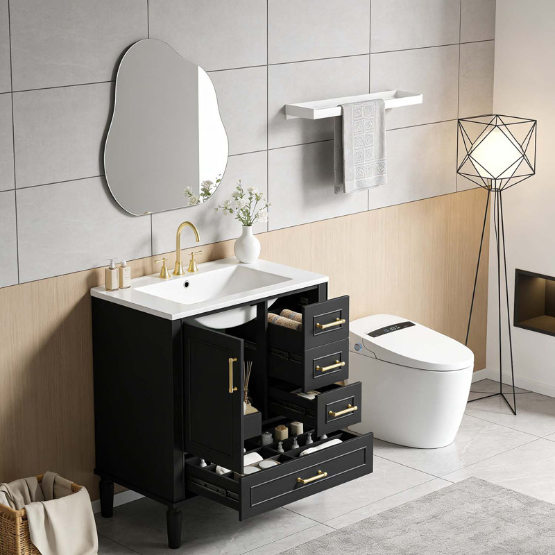 Meuble-lavabo moderne avec lavabo en céramique, porte à fermeture douce et tiroirs multiples, Noir