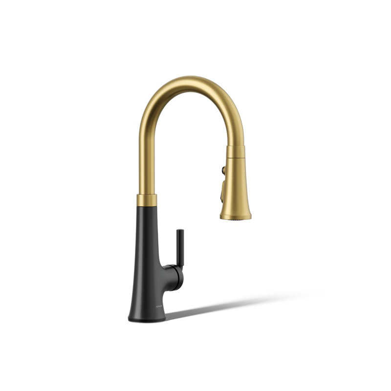 Robinet d'évier de cuisine à poignée simple avec douchette extractible Tone, Noir mat / laiton moderne