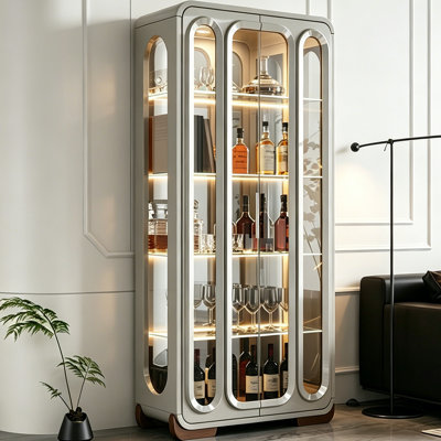 Armoire à vin 35,83 po à double porte vitrée laquée gris clair minimaliste, présentoir à vin rouge avec éclairage à DEL pour le salon
