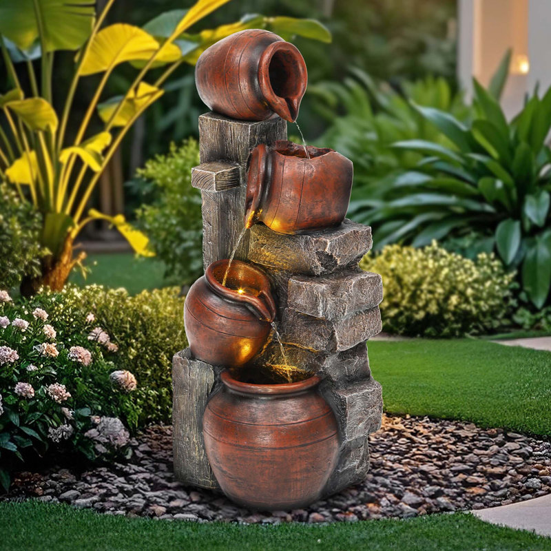 Fontaine de plancher fabriquée à la main résistante aux intempéries avec pot et lumières 31,5 "H