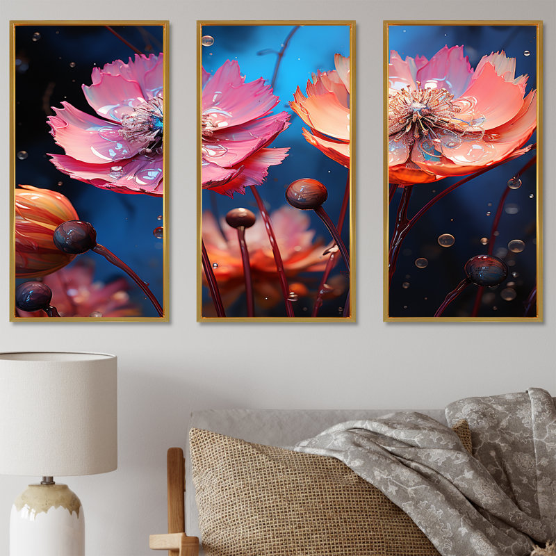 Ensemble d'art mural sur toile Neon Flourish, Cadre flottant doré, H 28 po x l 36 po x P 1 po