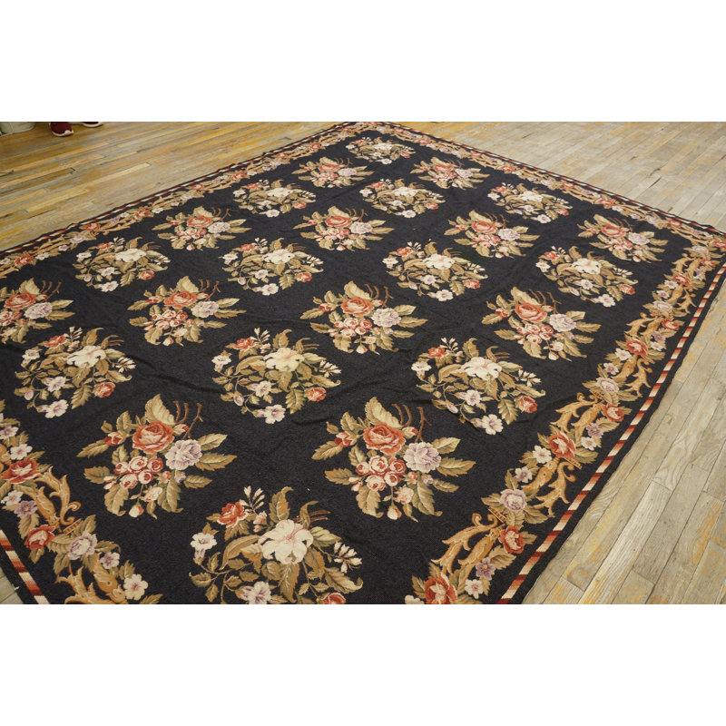 Vintage Needlepoint Chinese Allover Geometric Flat Weave Rug