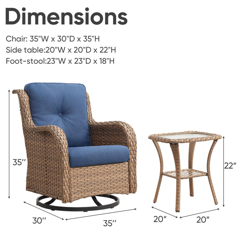 Chaise berçante pivotante d'extérieur en osier avec coussins Ashawn, Bleu