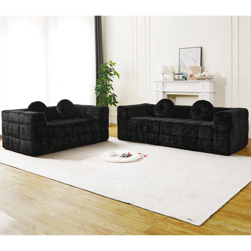 Canapé moderne sans os avec deux coussins décoratifs circulaires, tissu en polyester à poils longs texturé litchi doux pour la peau, canapé en mousse à carreaux