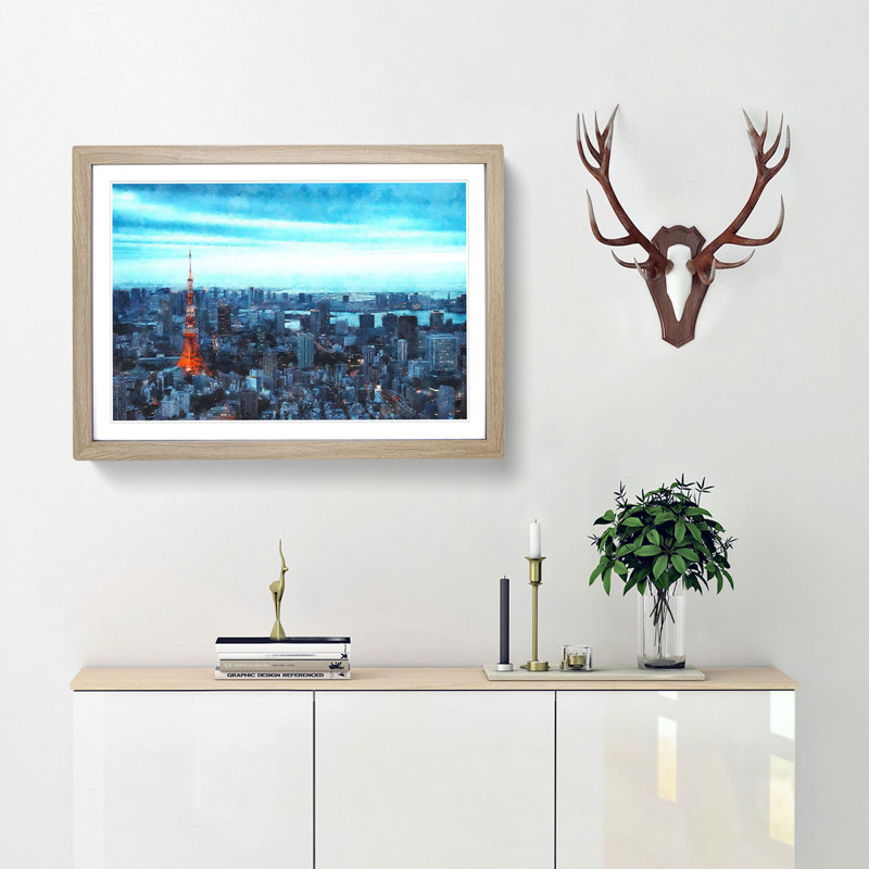 Tokyo Tower & Japan Skyline - Picture Frame Painting Print, Oak Framed, 33cm H x 45cm W x 2cm D