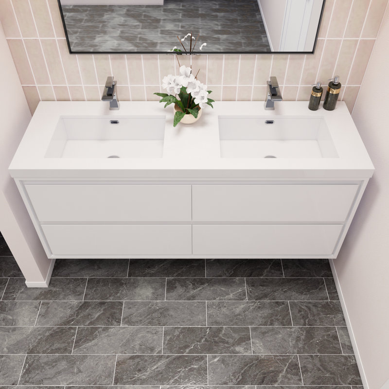 Ensemble de meuble-lavabo double mural 59,5 "Azden, Blanc très luisant