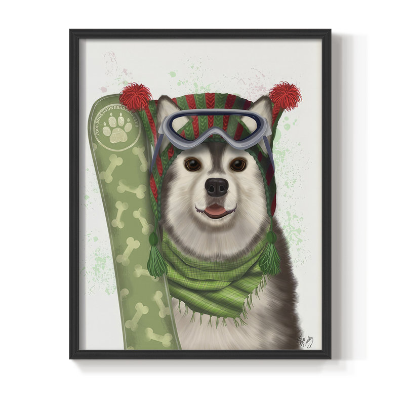 «Christmas Husky Snowboard», reproduction encadrée - bois massif, Noir, noir, noir, noir, H 30 po x l 24 po