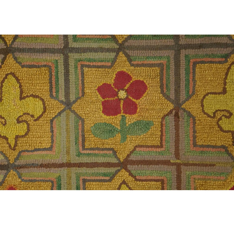1900s Multicolor 5Star Antique American Hooked Rug Hand-Woven Wool 2'2" x 4'8"