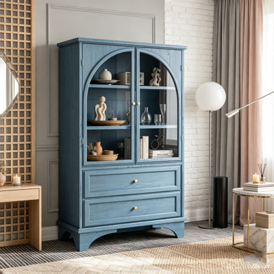 Armoire de rangement vitrée à porte en verre 52,17 "avec 2 tiroirs et tablette réglable, espace de rangement spacieux