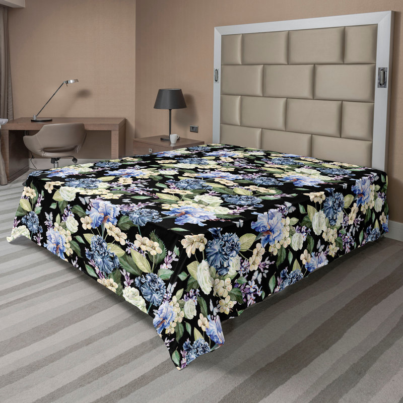 Ornement décoratif à motif floral Ambesonne noir et vert violet, Drap plat de taille double