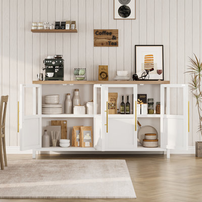 Buffet de 55 po avec 4 portes en verre, table de buffet et rangement pour la cuisine, la salle à manger, le salon ou le bar